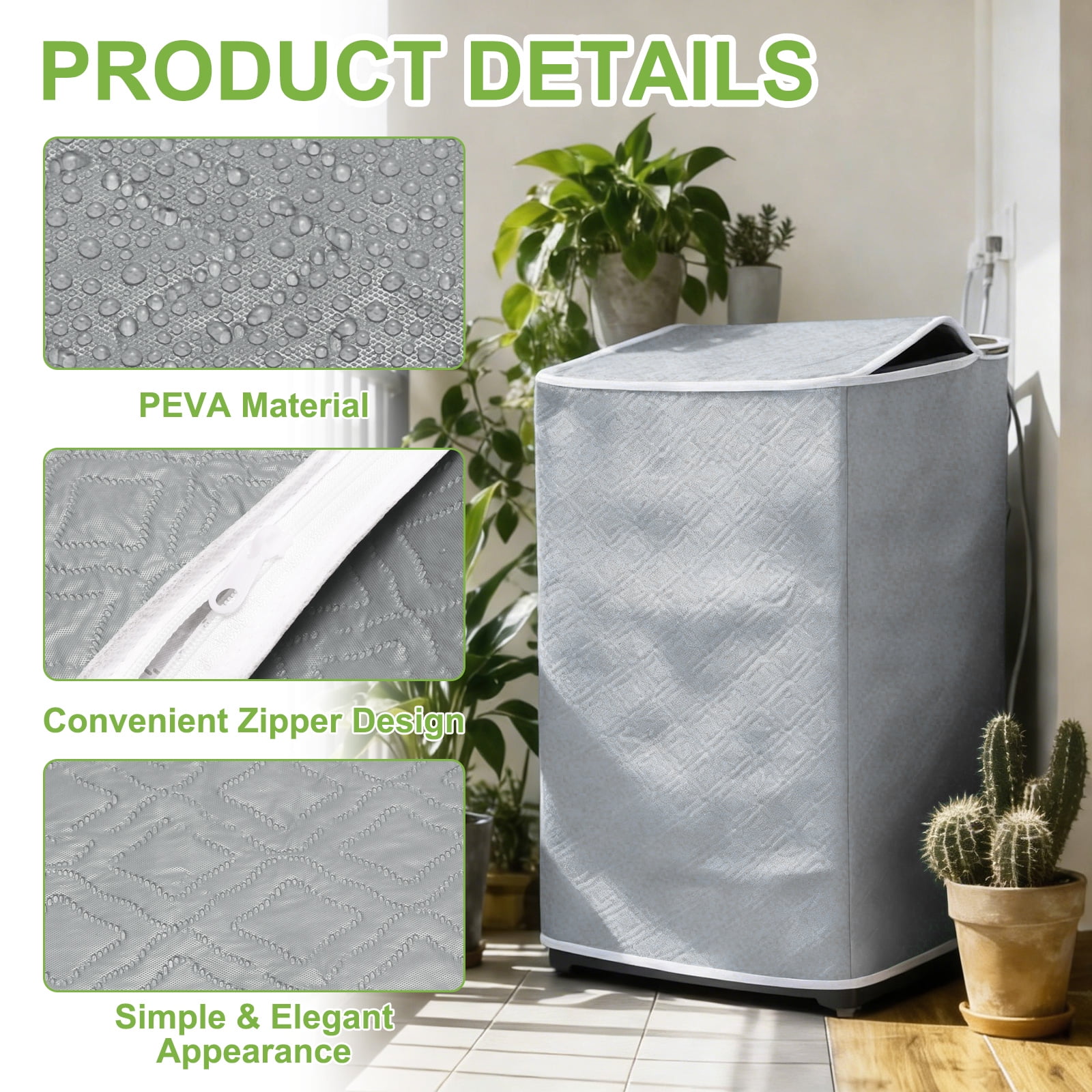 Washer and Dryer Covers 24"x24"x37"- Waterproof, Dustproof PEVA Top Load Washing Machine Cover with Zipper for Laundry Room Balcony, Grey