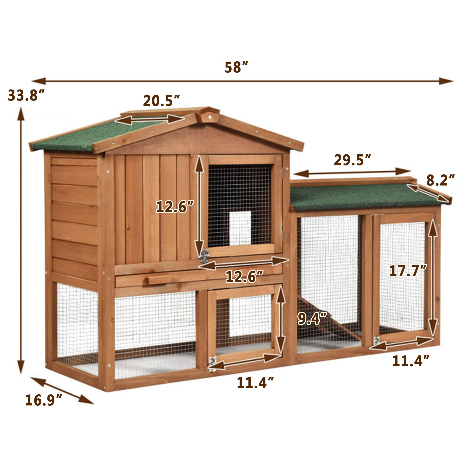 Kadyn 58" Wood Bunny Cage, 2 Layers Outdoor Rabbit Hutch, Pet Cage Chicken Coops with Run, Orange