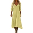 thumbnail image 2 of Wovilon Women's V-Neck Long Sleeve Loose Fit Maxi Dress, Relaxed Solid Color Midi Tunic with Flowy Drape for Spring Fall Casual Vacation Outings and Daily Wear, 2 of 7