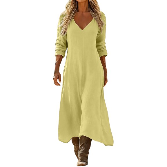 Lenpel Long Sleeve Dresses for Women V Neck T Shirt Maxi Dresses Flowy Comfy Solid Color Casual Loose Fit Dresses
