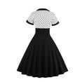 thumbnail image 5 of GENEMA Women Retro Short Sleeve Polka Dot Print Cocktail Swing Dress Lapel Collar Square Neck Contrast Color Pleated Party Gown, 5 of 19