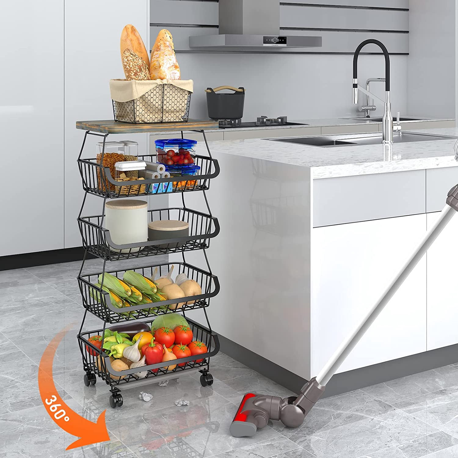 WERSEON 5 Tier Fruit Basket for Kitchen Organizers and Storage, Stackable Metal Wire Basket Stand Cart with Wheels for Fruit Vegetable