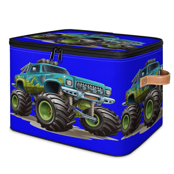 CURLYOOT Cartoon Cool Monster Truck Storage Bin with Zipper Lid, Fabric Decorative Lidded Storage Baskets Boxes, Foldable Organizer Container Basket for Bedroom Closet Shelf