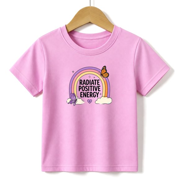 Girls Graphic Tees Positive Energy Kids T Shirt Rainbow Butterfly 100% Cotton Short Sleeve Soft Tops 4-13Y Pink
