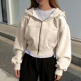 thumbnail image 2 of Zip up Hoodie Women Oversized Cropped Plain Sweatshirt Full Zip Drawstring Hooded Slouchy Jacket with Pocket Beige XL, 2 of 8