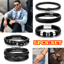 5pcs Black Leather Bracelets for Men, Leather Bracelet with Stainless Steel Closure
