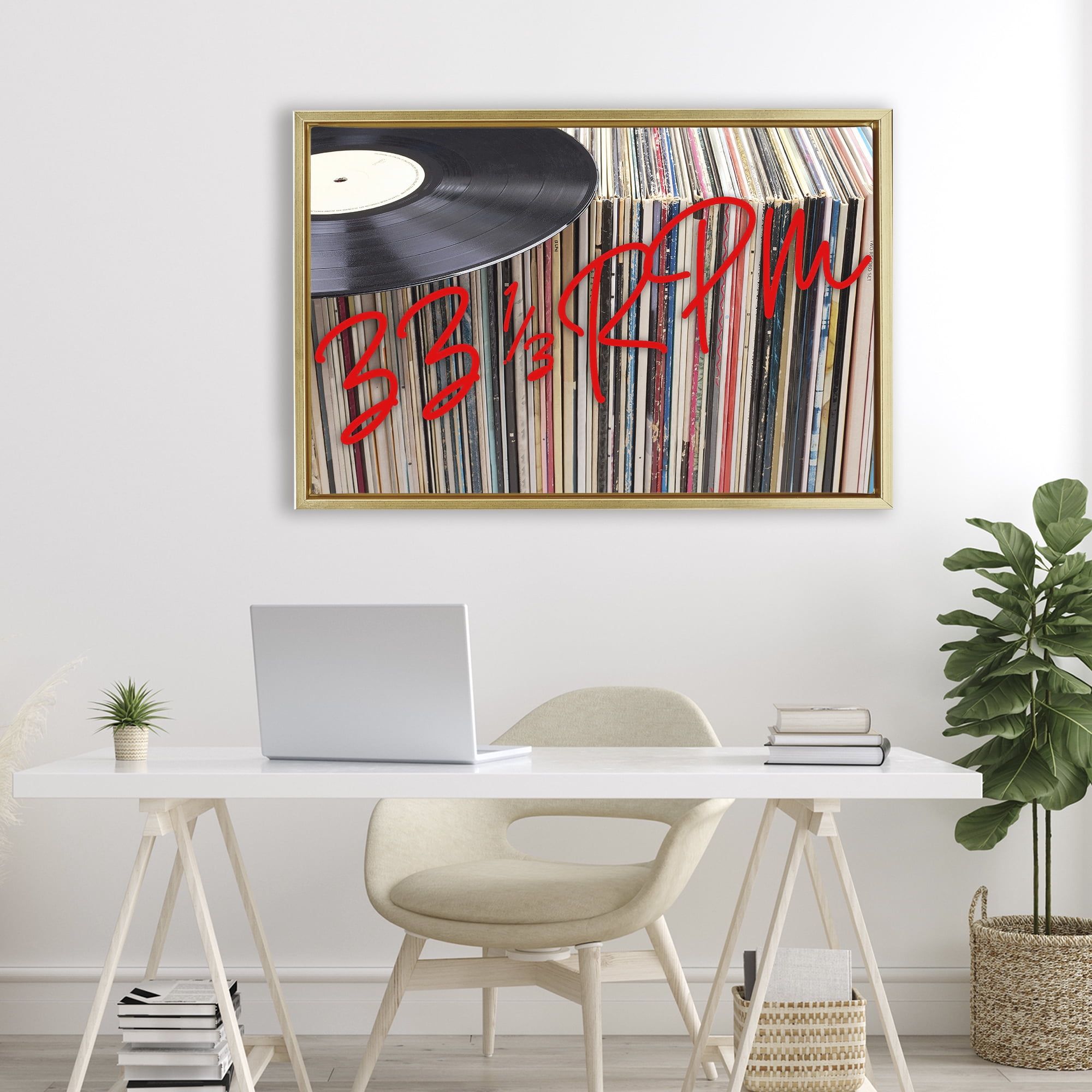 Stupell Industries Vinyl Record Stack Collection Gold Framed Floater Canvas Wall Art, design by Lil' Rue