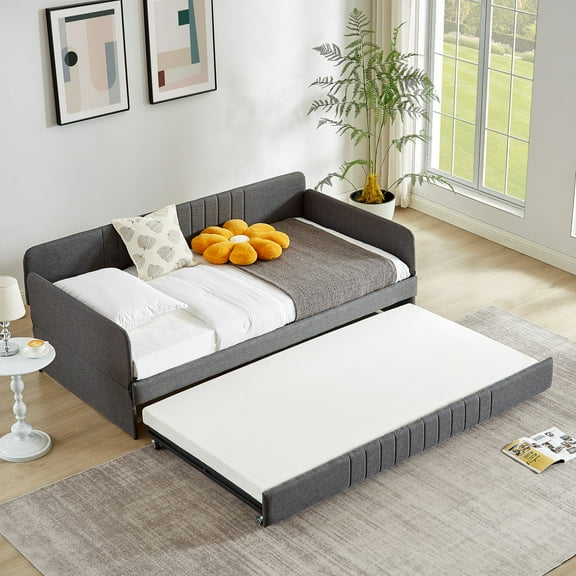 Grey Twin Size Daybed With Trundle, Iron Frame Bed For A Functional Living Area Metal Framed Noise-reducing Good Night's Sleep
