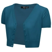 YEMAK Women's Short Sleeve Cropped Bolero Button Down Cardigan Sweater HB2137-TBL-M