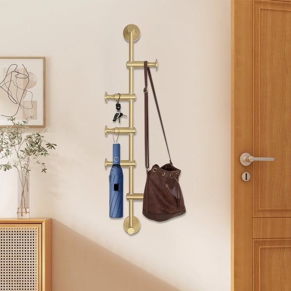 ToppiJoy Wall Mounted Vertical Coat Rack with 5 Adjustable Rotatable Hooks, Brass Coat Hat Holder for Home Apartments Dorms (Brassy)