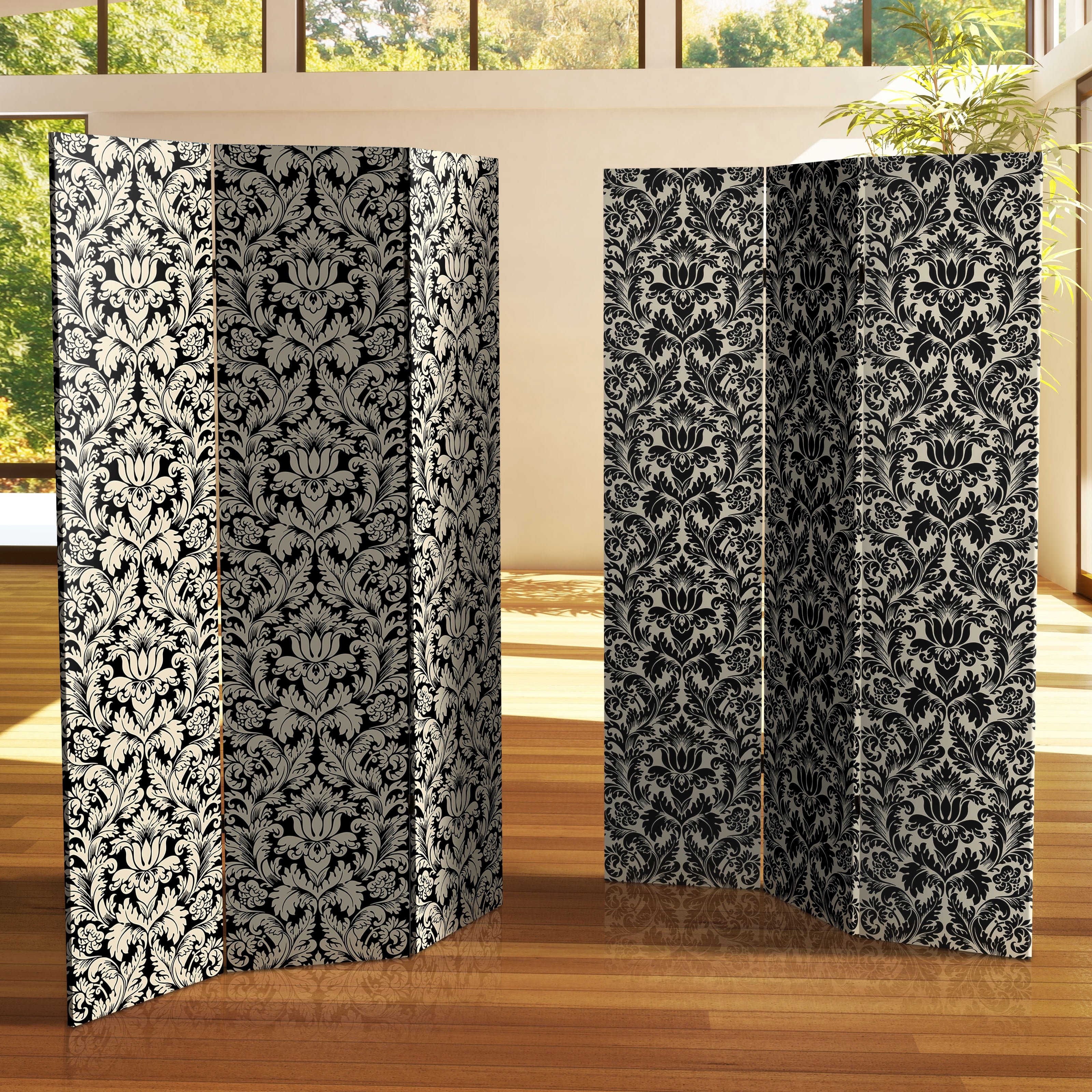 Oriental Furniture 6 ft. Tall Ebony Damask Canvas Room Divider - 3 Panel