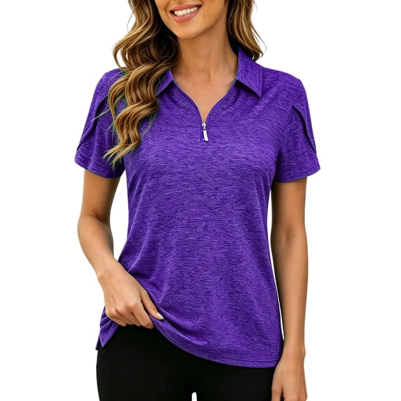 GUACER Quarter Zip Polo Shirts for Women Short Sleeve Heathered Golf Tennis Tops Casual Activewear Work Blouses