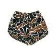 thumbnail image 2 of Casual style green and brown camouflage shorts made of durable polyester fabric with drawstring and elastic waistband for spring and summer seasons, 2 of 5