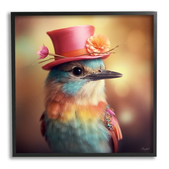 Stupell Industries Pastel Bird in Hat Animals & Insects Painting Black Framed Art Print Wall Art, 12 x 12