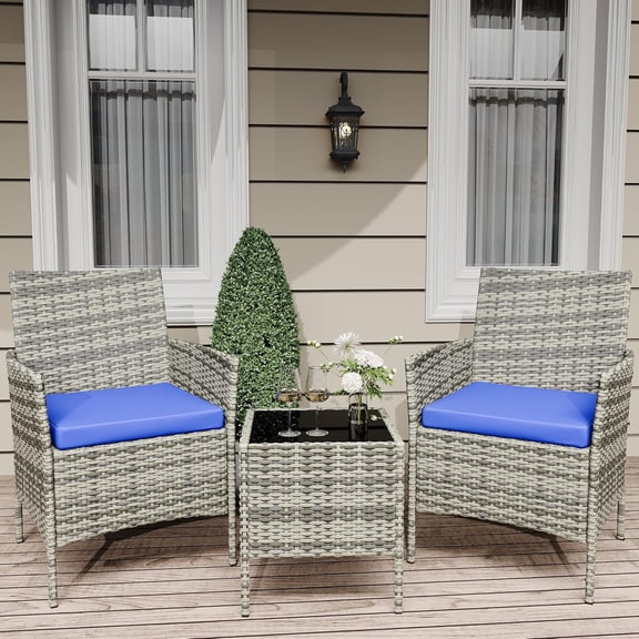 EastVita 3 Piece Patio Set PE Rattan Patio Conversation Set with 2 Chairs and 1 Coffee Table Outdoor Patio Furniture Set for Patio Front Porch Balcony Bistro - Grey
