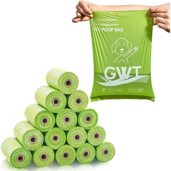 GWT Dog Poop Bags Biodegradable 100% Certified Home Compostable 120 Counts 9"x13" Pet Waste Bags- ASTM D6400 & EN 13432 Compliant -Plant Based Poop Bags for Pet Cat Dog Doggie (8 Rolls)