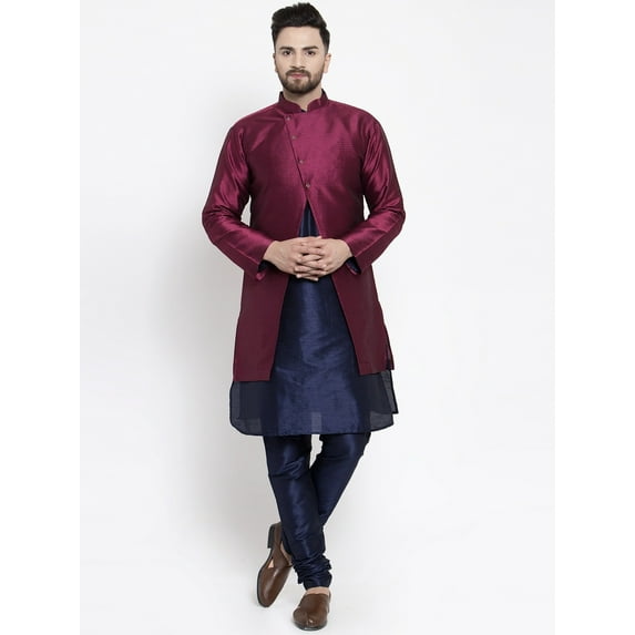 eloria Men's Indian Traditional Navy Blue & Maroon Layered Silk Blend Kurta with Churidar Pyjama and jacket Set