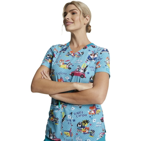 Dickies EDS Scrubs Top For Women V-Neck Print DK876, M, Vacay All Day
