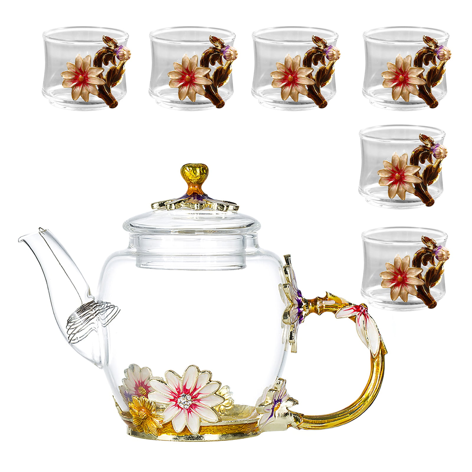 Glass Tea Cup,Fancy Enamel Rose Flower Butterfly Tea Set for Women Adult Great Tea Gifts for Tea Party-Blue Glass Teapot Set with 2 Tea Cup,Glass Tea Kettle 