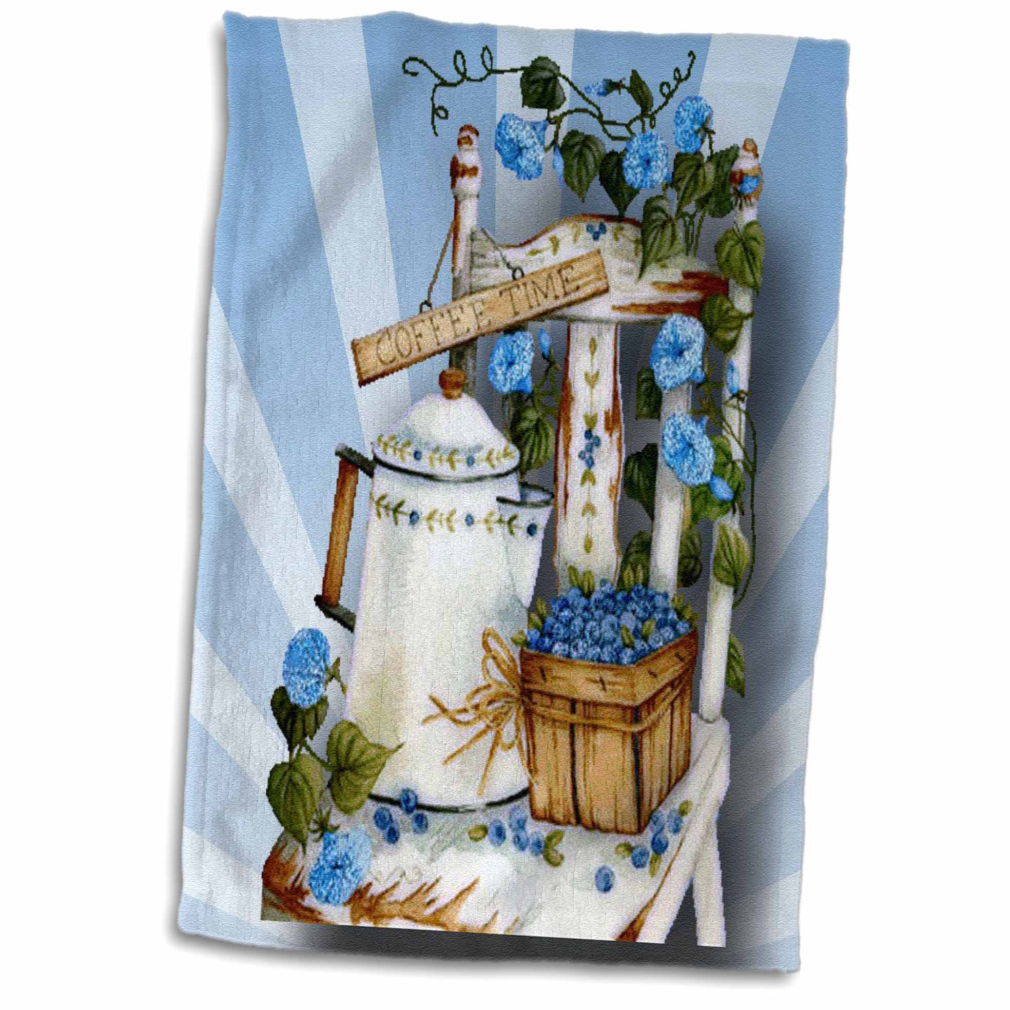 3dRose Garden chair and with pretty blue flowers and tea pot, and basket of blueberries - Towel, 15 by 22-inch - image 1 of 1