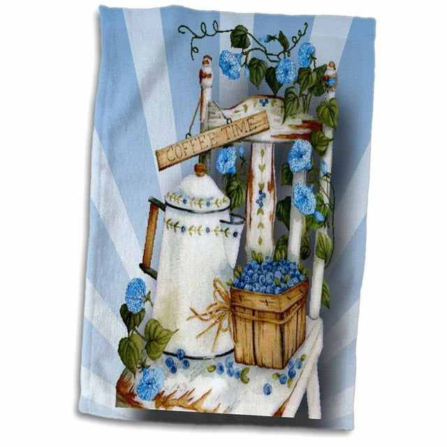 3dRose Garden chair and with pretty blue flowers and tea pot, and basket of blueberries - Towel, 15 by 22-inch