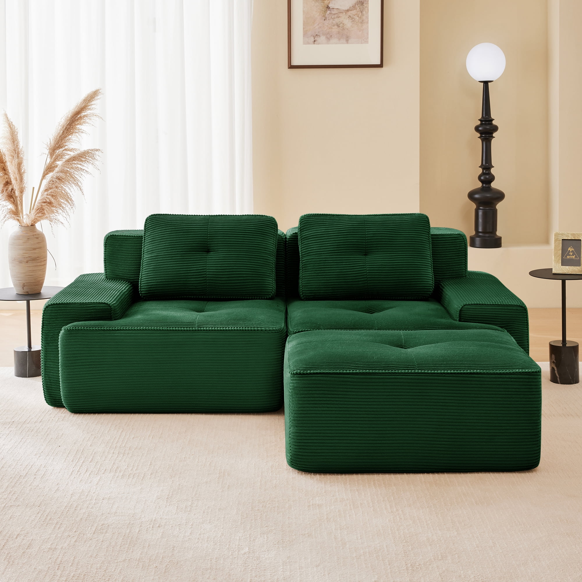 Yoneston 82" L-Shaped Modular Sectional Sofa 2 Seater Couch with Cushions and Ottoman, No Assembly Corduroy Loveseat Sofa for Living Room Bedroom Apartment, Green