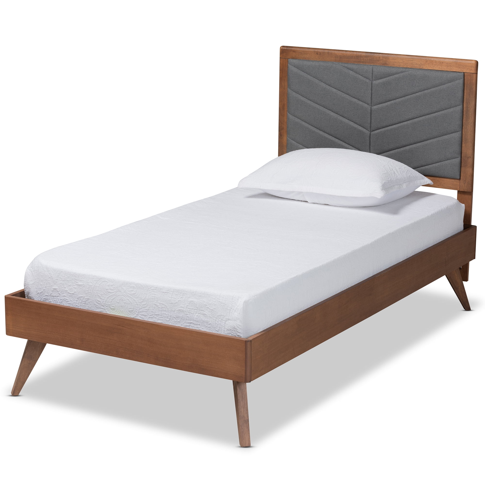 Baxton Studio Roze Mid-Century Modern Dark Grey Fabric Upholstered and Walnut Brown Finished Wood Twin Size Platform Bed