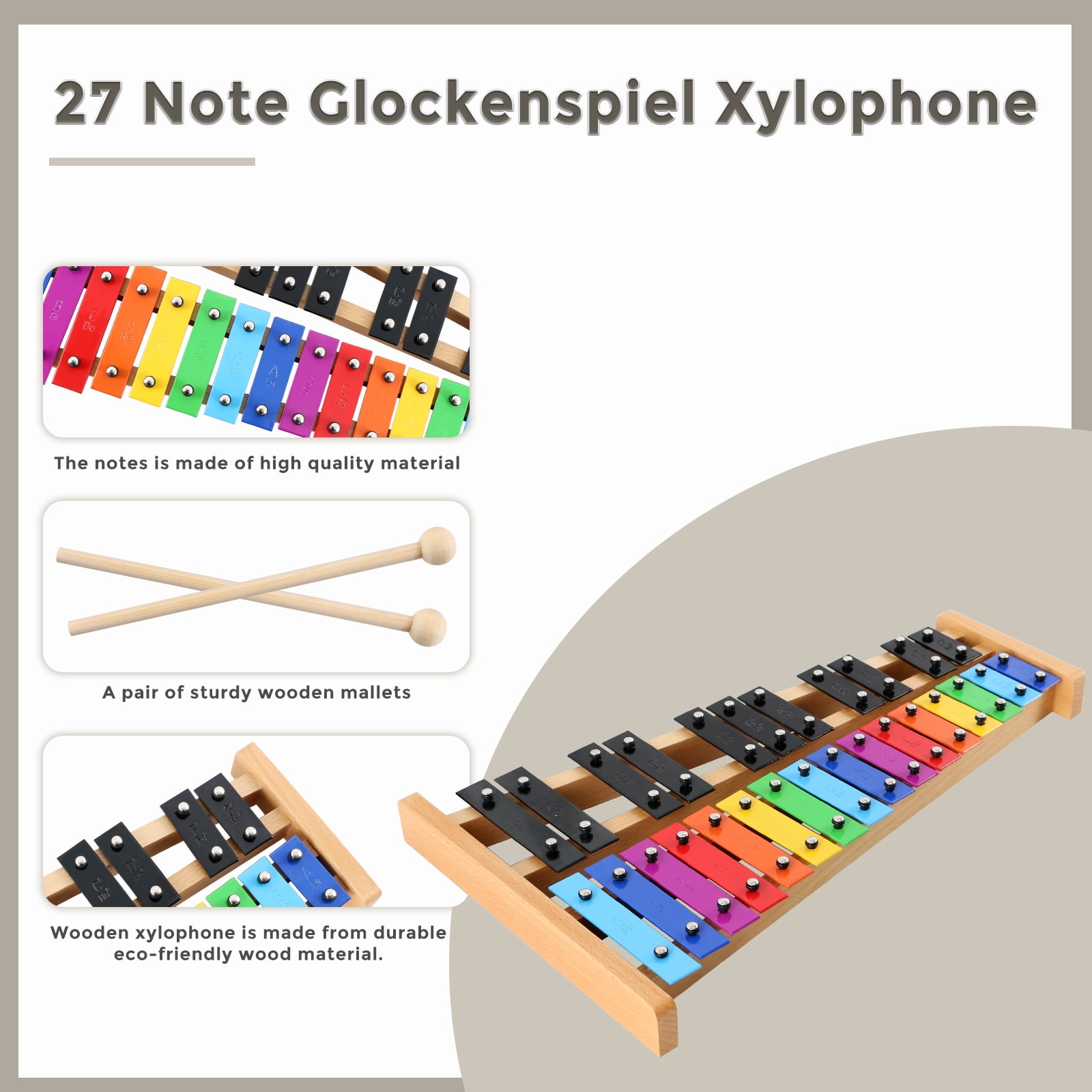 EASTROCK Xylophone Glockenspiel Wooden Frame & 27-Note Metal Keys,with Carry Bag and Mallets,Professional Xylophone for Classes/Band/Stage