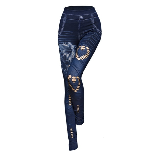 MAWCLOS Ladies Fake Jeans Butt Lifting Look Print Jeggings High Waist Denim  Leggings Full Length Dance Tummy Control Bottoms Lily L 