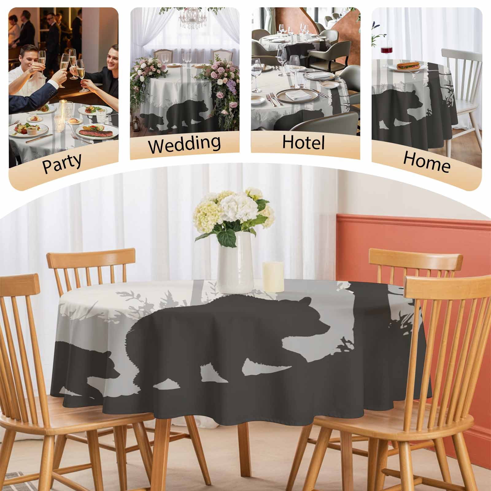 Round Tablecloth Rustic Forest Bear Silhouette Waterproof Oil Proof Polyester Table Cloth Cover Decor for Home Dining Outdoor,Patio,Parties, 54" Dia. Black Gray Farmhouse Country