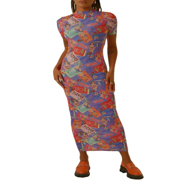 Femmes Print Maxi Crayon Robes Mock Cou Cravate Teinture Bodycon Longue Robe Élégante Soirée Robe de Club