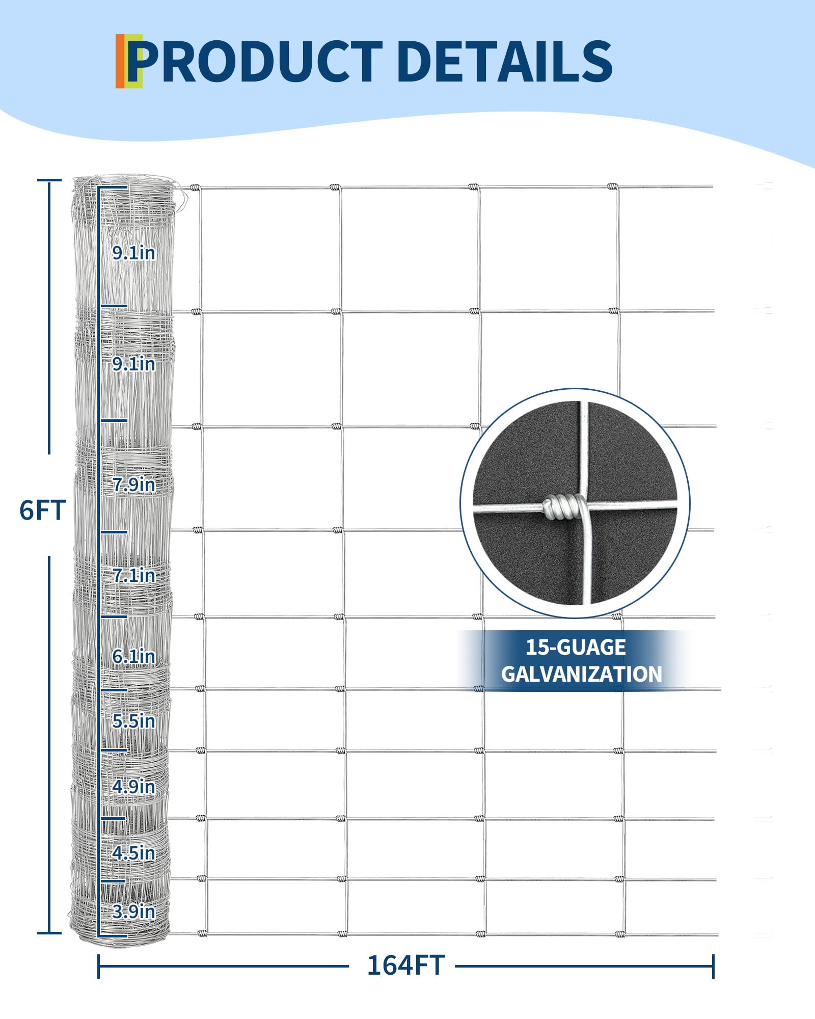 Galvanized Steel Garden Fence - Welded Wire Mesh for Livestock & Plants,164ft*6FT