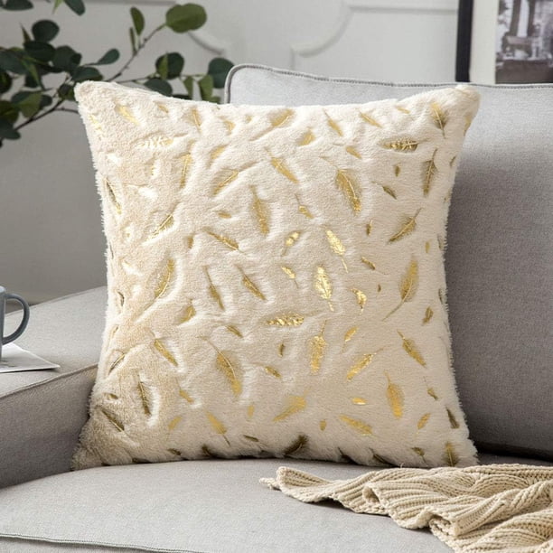 Xiao Hua Funda de cojín de piel sintética con hojas doradas, súper suave y cuadrada (champán, 45 x 45 cm)