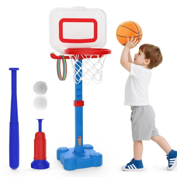 Lenbar 4-in-1 Toddler Basketball Hoop and T-Ball Set with Ring Toss Game, Adjustable Height, Indoor Outdoor Sports Toy for Boys and Girls Ages 3-8