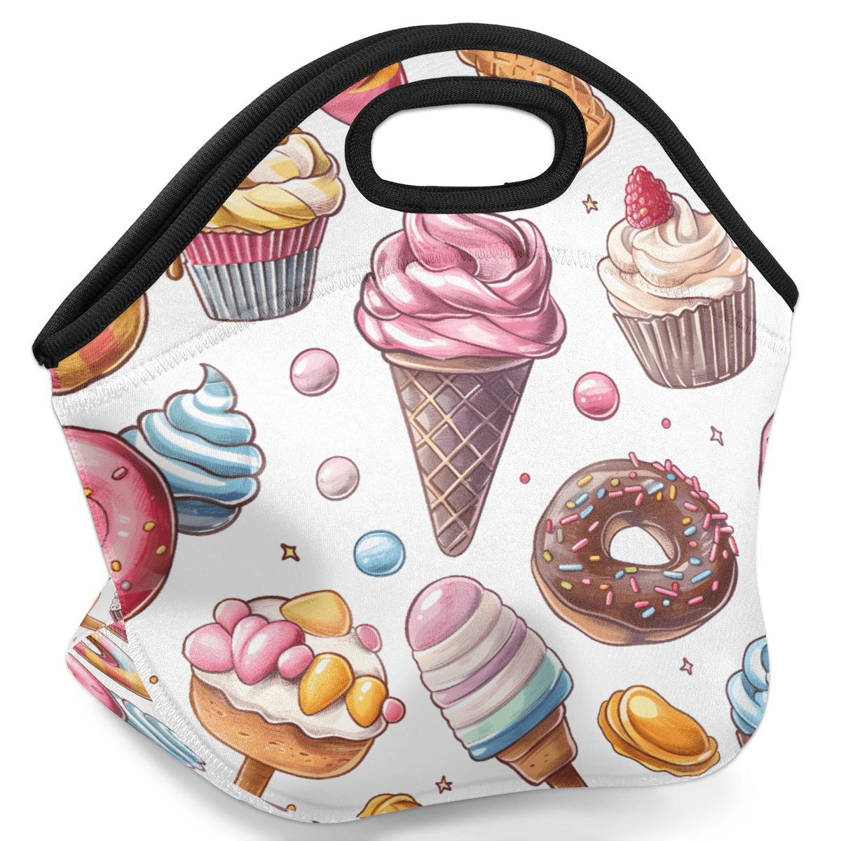 Herdesigns Sweet Food Neoprene Lunch Bag, Ice Cream Donut Insulated Lunch Box for Women Men Washable Lunch Tote Soft Lunch Container With Zipper for Work Picnic Travel