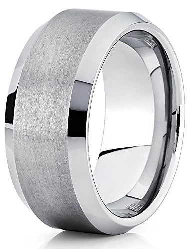 10mm Silver Tungsten Carbide Wedding Band Handmade Brushed Beveled Edges Ring 