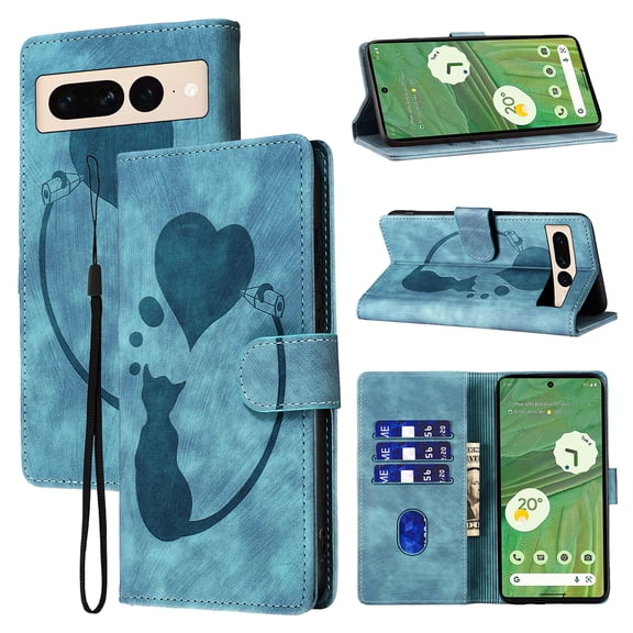 Cutyskin Wallet Case Designed for Google Pixel 7 Pro | Cat Love Heart Embossed PU Leather TPU Inner Shockproof Phone Case with Strap | Card Holders Kickstand Magnetic Clasp Flip Case | Blue