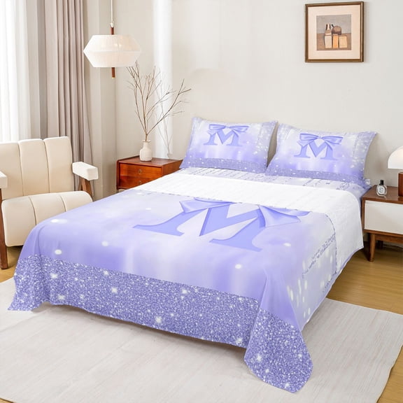 jejeloiu Purple Bows Bowknot Twin Sheet Sets,Letter M Print Bedding For Bowtie Girls 3-Piece