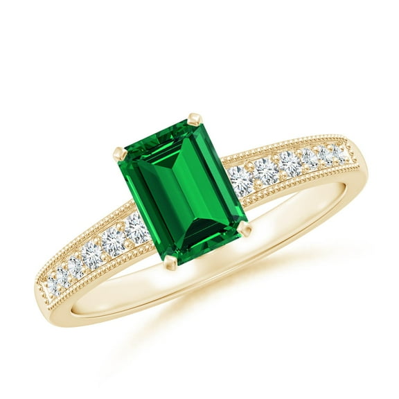 ANGARA Lab Grown 1 Ct Vintage Style Emerald-Cut Emerald Engagement Ring for Women in 14K Yellow Gold (Size-7x5mm) | May Birthstone, Anniversary, Jewelry Gift for Women | Lab-Grown Emerald Ring