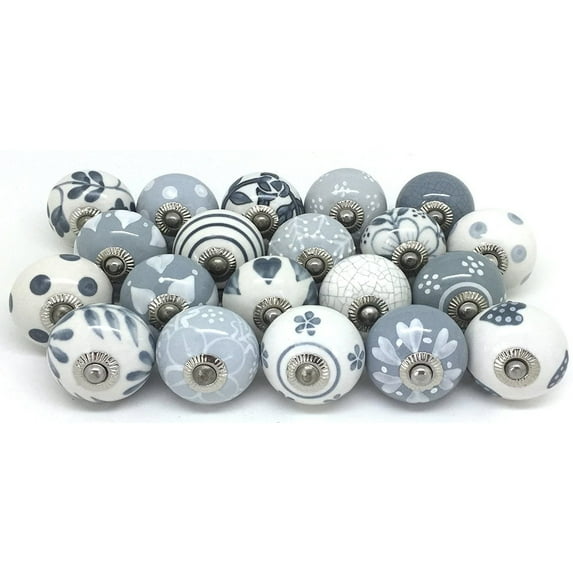 Hashcart Ceramic Black & White Decorative Knobs for Cabinet Dresser Drawer || Antique Floral Hand Painted Cupboard Pull Knobs || { Set of 20 }