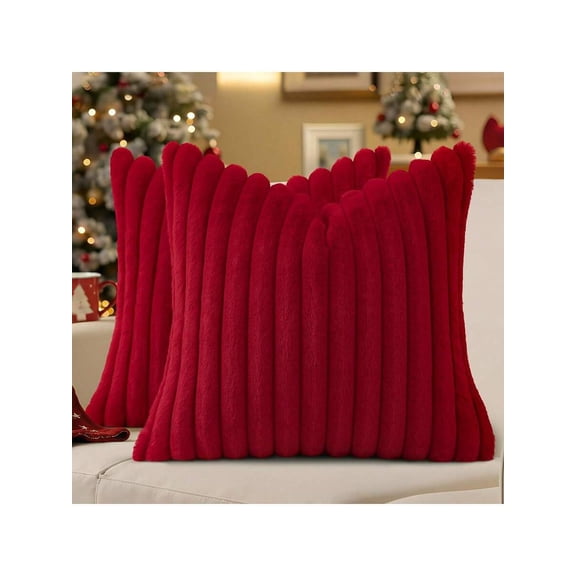 Red Faux Fur Ribbed Texture Decorative Throw Pillow Cover For Sofa Couch