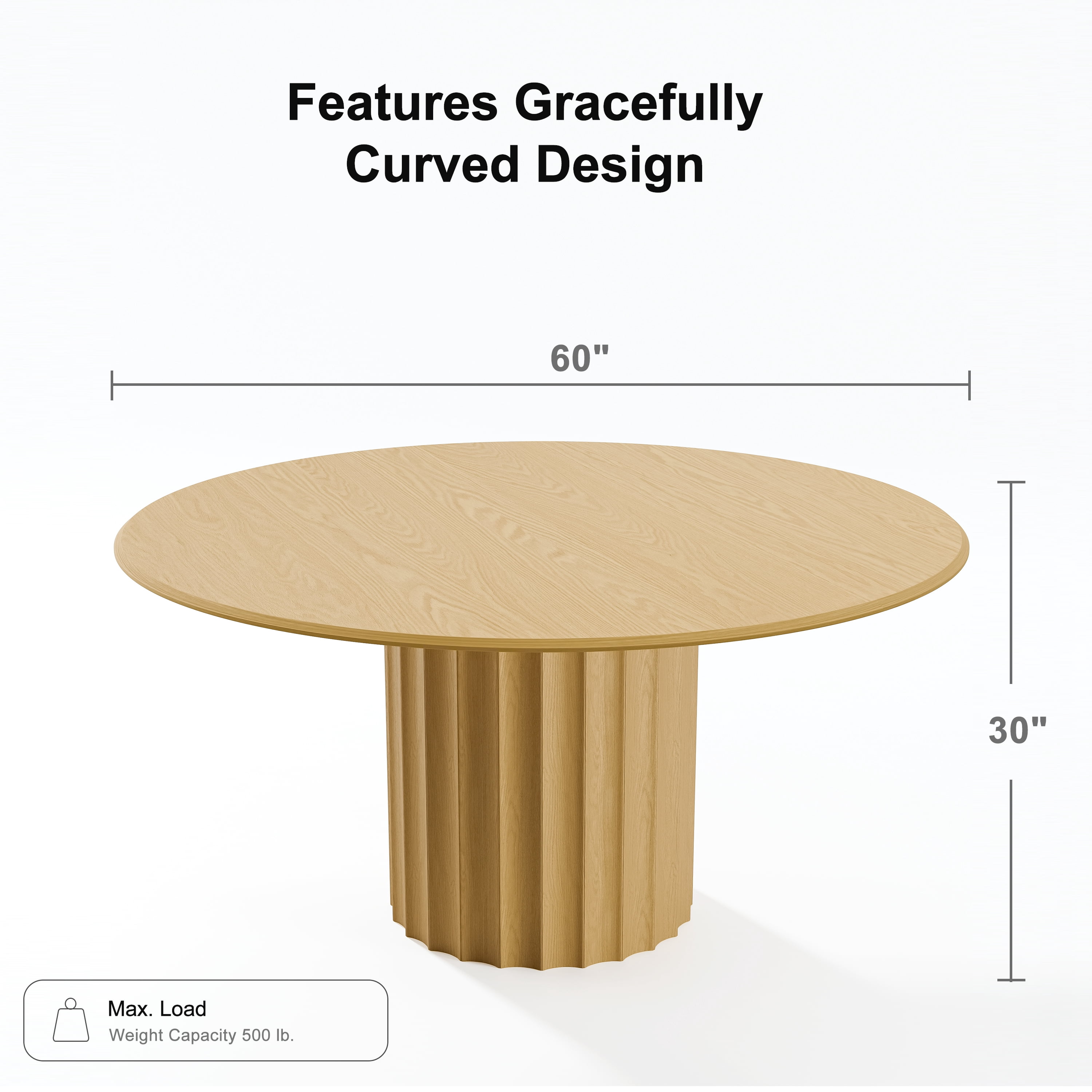 60 in. Soild Wood Natural Oak Dining Table Round Kitchen Table