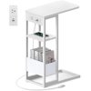 C Shaped End Table with Charging Station Small Side Table for Couch Recliner Slide Under Sofa Desk Snack Tables with Storage Bag & AC / USB Outlet Small Spaces Drink Tables for Liv