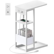 C Shaped End Table with Charging Station Small Side Table for Couch Recliner Slide Under Sofa Desk Snack Tables with Storage Bag & AC / USB Outlet Small Spaces Drink Tables for Liv