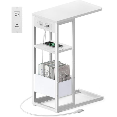 C Shaped End Table with Charging Station Small Side Table for Couch Recliner Slide Under Sofa Desk Snack Tables with Storage Bag & AC / USB Outlet Small Spaces Drink Tables for Liv