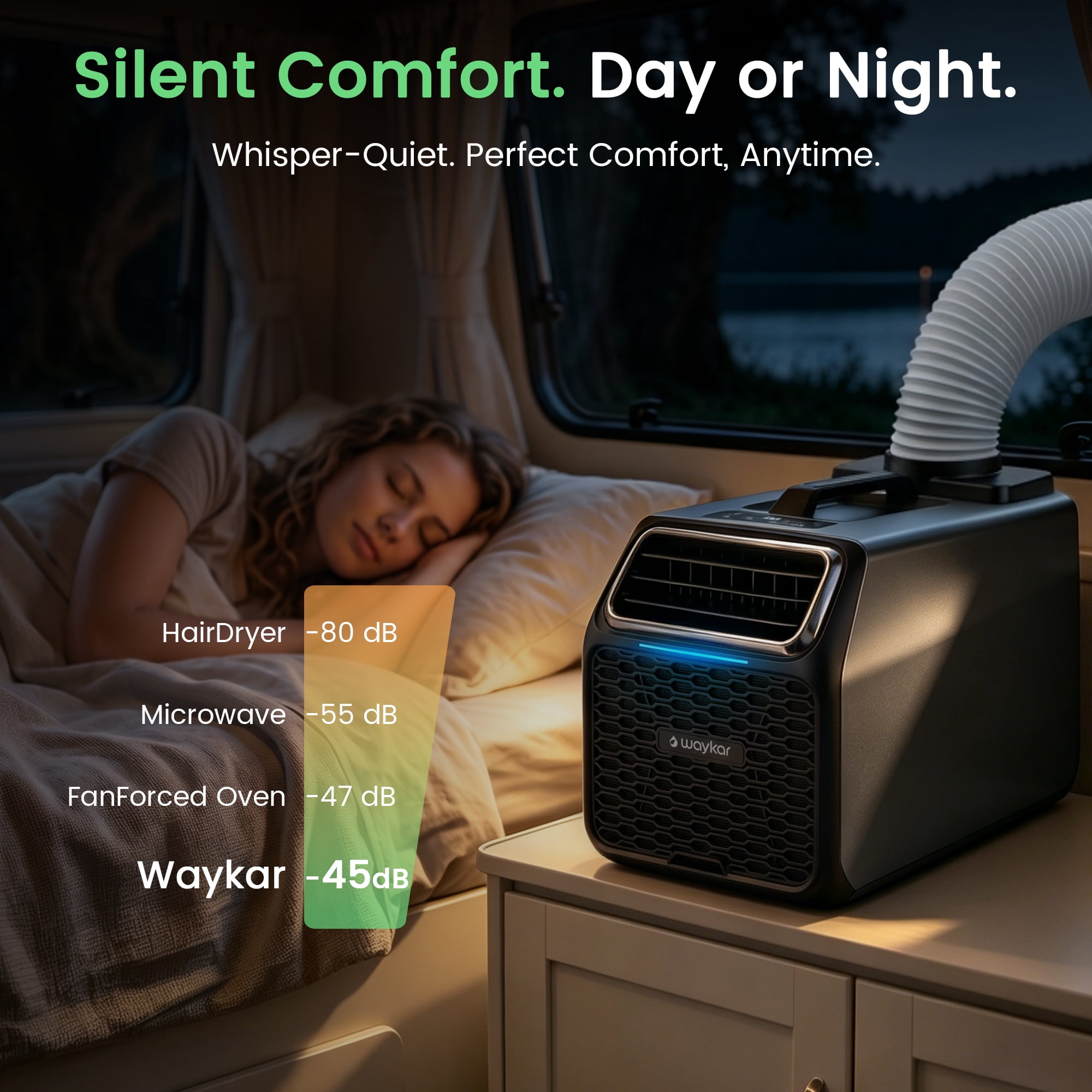 Waykar 6000 BTU Portable Air Conditioner for Camping, Advanced Dual-Hose System for Tents & RVs, 110V AC/DC Inverter Support, 3-in-1 Cooling, Dehumidifier & Fan for Off-Grid Outdoor Comfort
