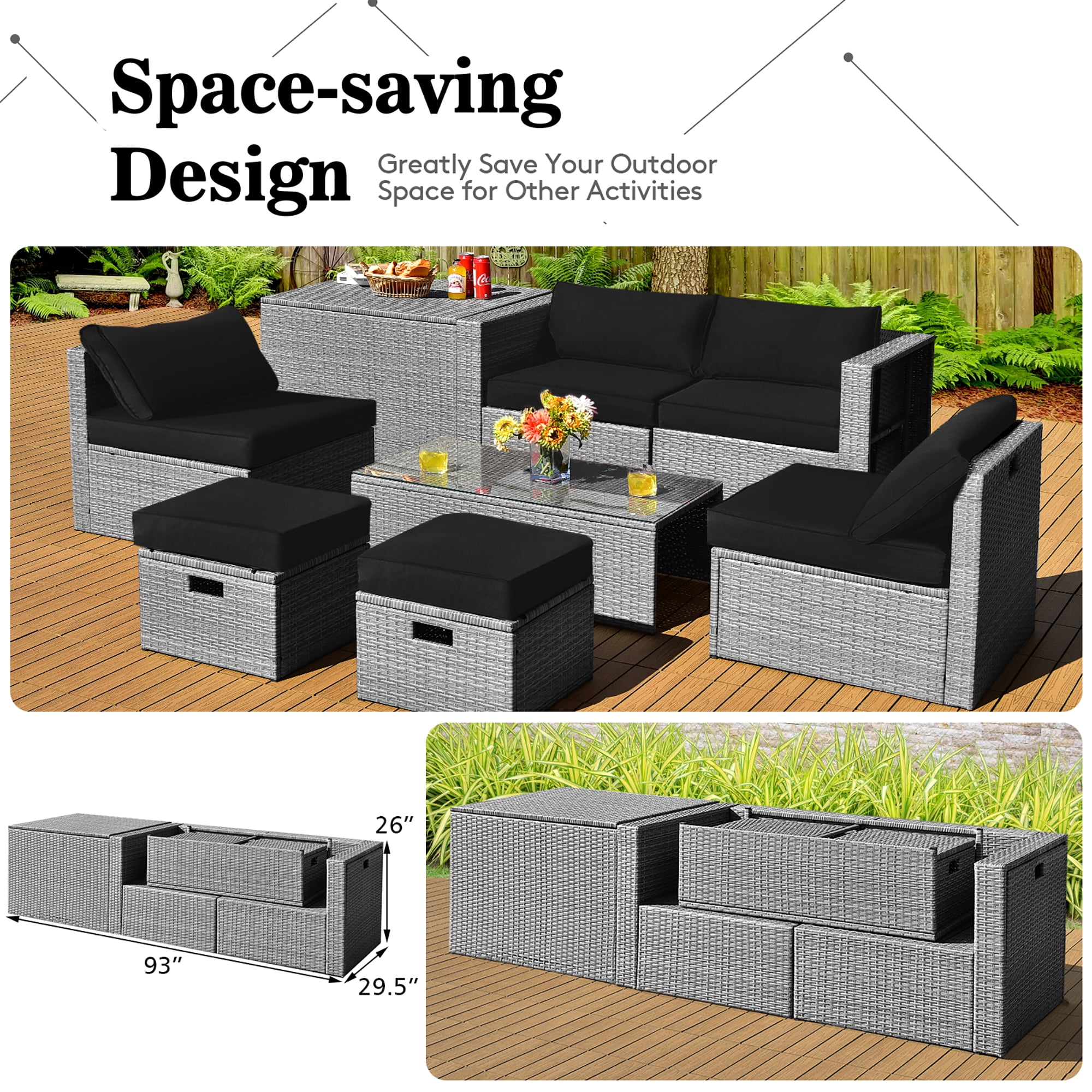 Costway 8PCS Patio Rattan Furniture Set Storage Waterproof Cover Black Cushion