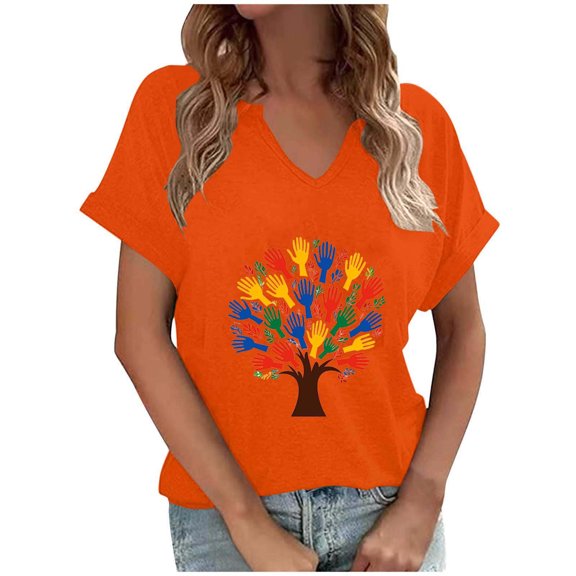 Perfectbot Women's Orange Short Sleeve T-Shirt, Round Neck Funny Print Tunic Tops, Sizes S-3XL