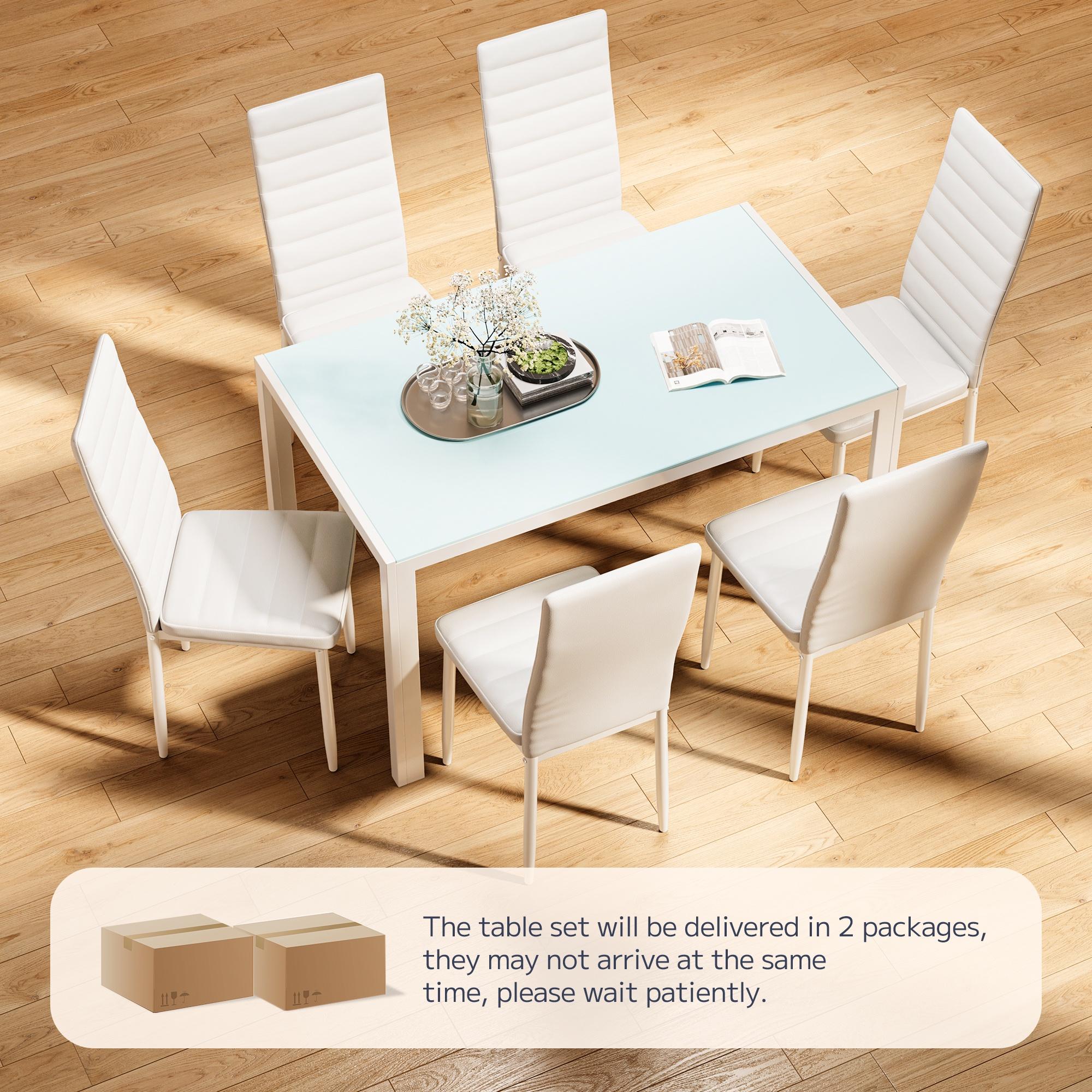 Asofer Glass Kitchen Table and Chairs Set with 6, 7 Piece Dining Table Sets, PU Leather Chair, White