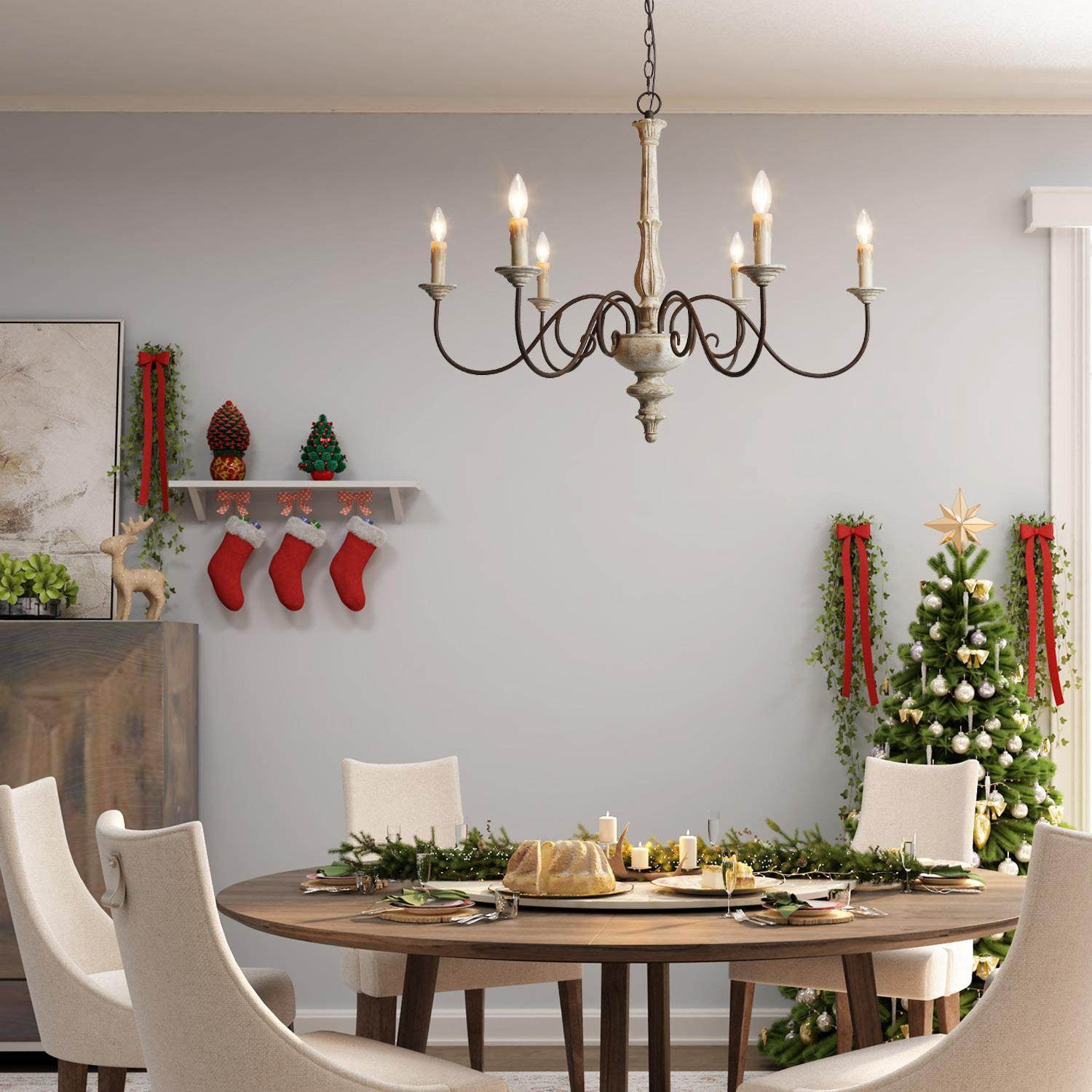 LNC 6-Light Bronze French Country Wood Chandelier Lighting Fixtures for Dining Room, Off-White
